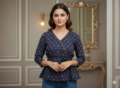 Navy Blue Traditional Printed Semi Pashimna Woolen Fabric