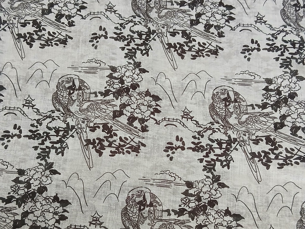 Black & White Parrot Digital Print Linen Fabric (Wholesale)