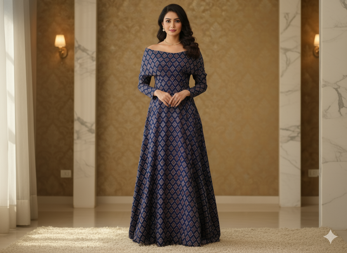 Navy Blue Traditional Printed Semi Pashimna Woolen Fabric