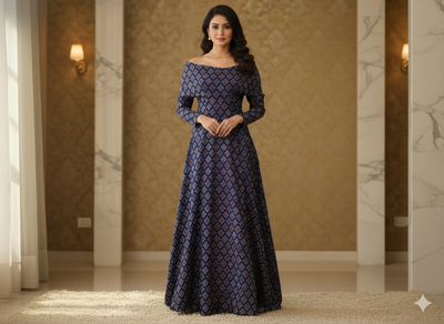 Navy Blue Traditional Printed Semi Pashimna Woolen Fabric