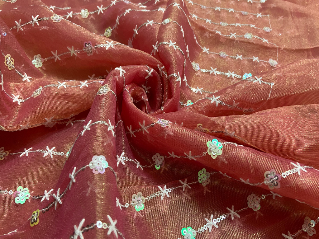 Peach Sequins Work Nylon Organza Fabric