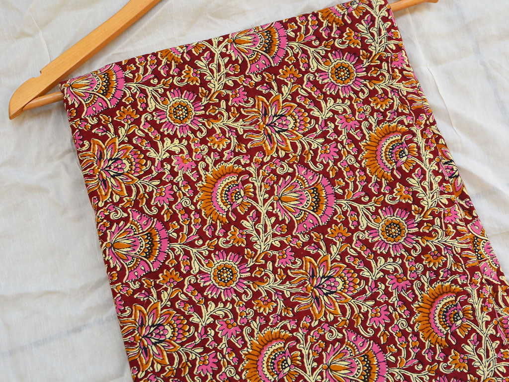 Maroon Floral Pure Mul Mul  Kalamkari Cotton Fabrics