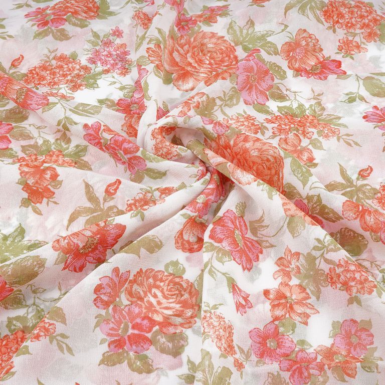 White & Peach Floral Printed Pure Viscose Georgette Fabric