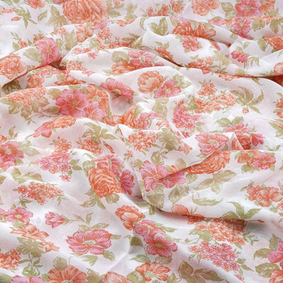 White & Peach Floral Printed Pure Viscose Georgette Fabric