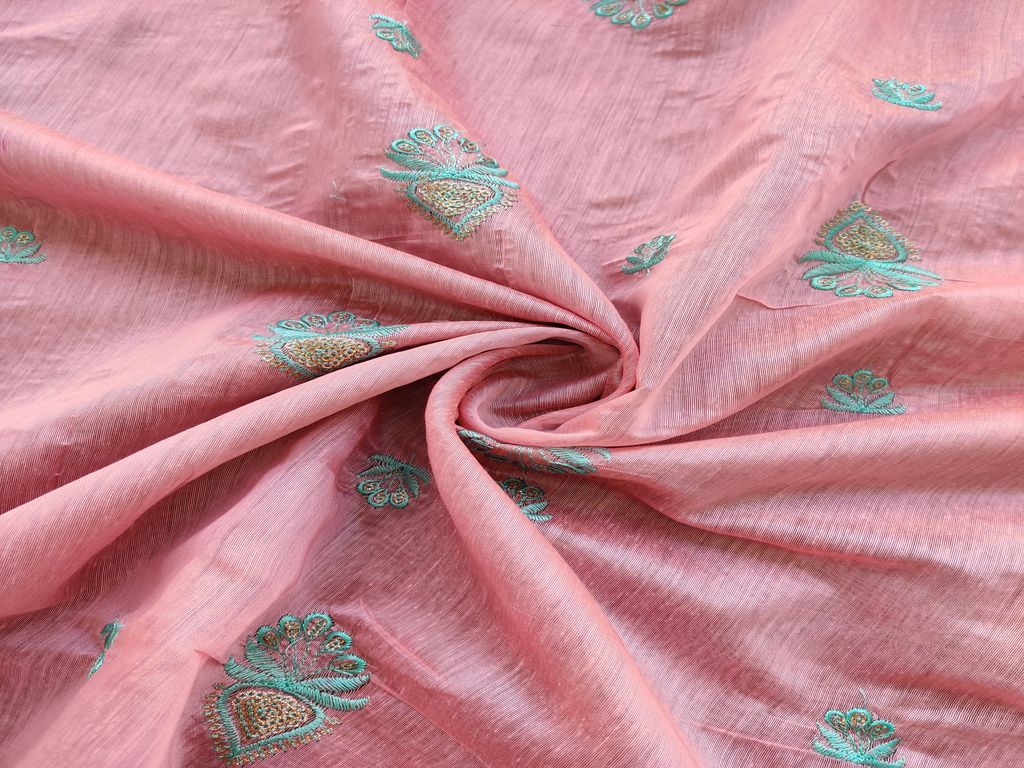 Pink Motifs Embroidered Chanderi Silk Fabric (Wholesale)