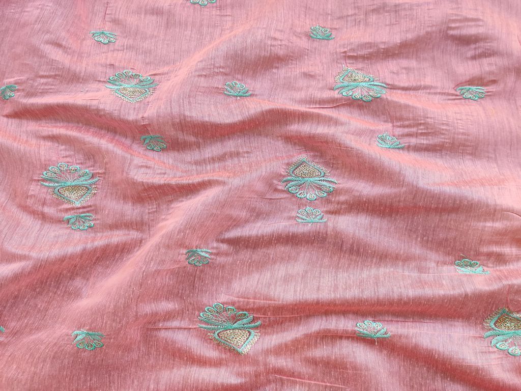 Pink Motifs Embroidered Chanderi Silk Fabric (Wholesale)