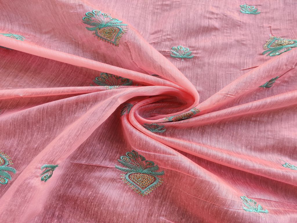 Pink Motifs Embroidered Chanderi Silk Fabric (Wholesale)