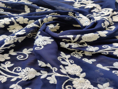 Navy Blue & White Traditional Chikankari Embroidery Georgette Fabric (Wholesale)