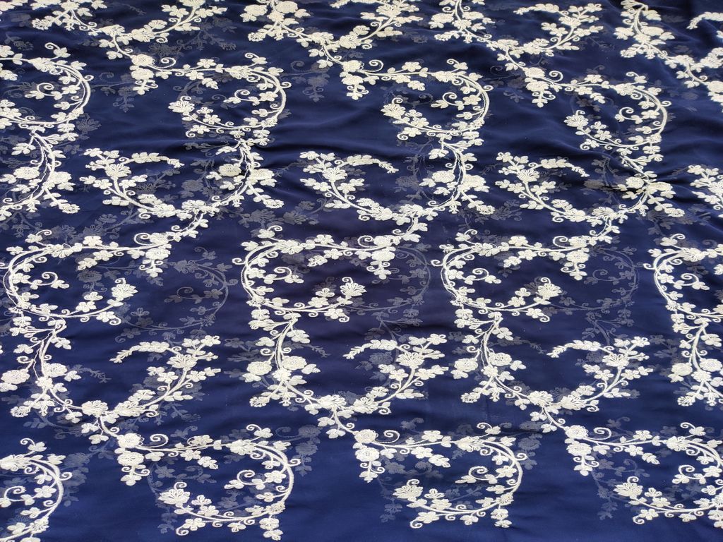 Navy Blue & White Traditional Chikankari Embroidery Georgette Fabric (Wholesale)