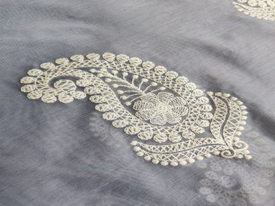 Gray & White Paisley Lakhnawi Embroidered Chanderi Silk Fabric (Wholesale)