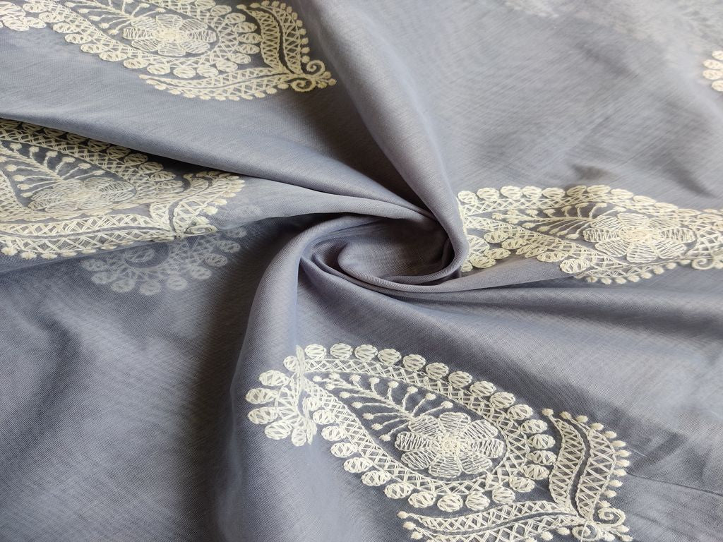 Gray & White Paisley Lakhnawi Embroidered Chanderi Silk Fabric (Wholesale)