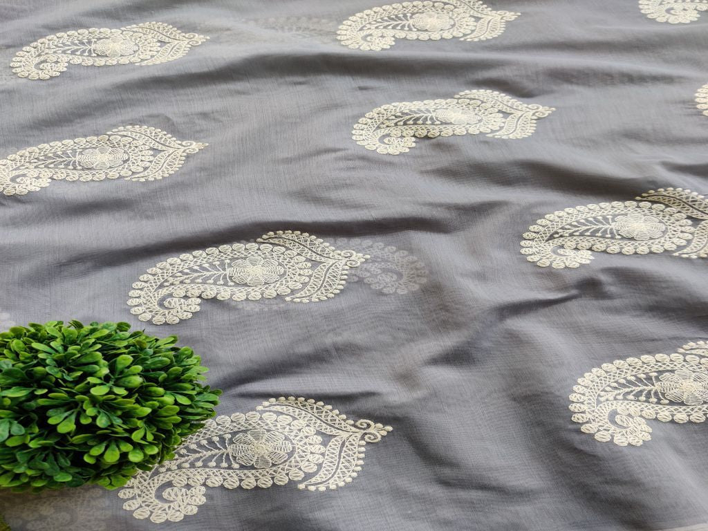 Gray & White Paisley Lakhnawi Embroidered Chanderi Silk Fabric (Wholesale)