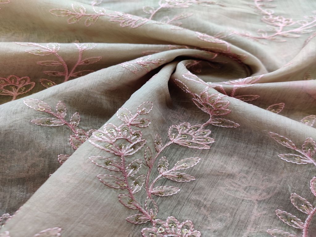 Beige & Pink Floral Embroidered Chanderi Silk Fabric (Wholesale)