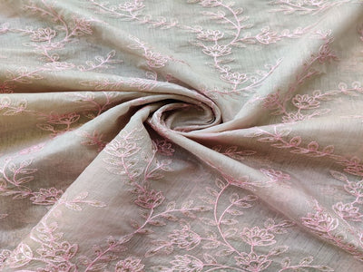 Beige & Pink Floral Embroidered Chanderi Silk Fabric (Wholesale)