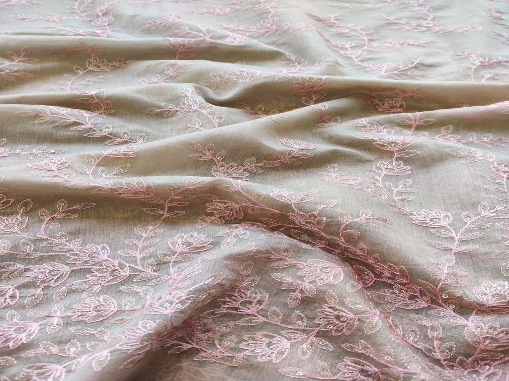 Beige & Pink Floral Embroidered Chanderi Silk Fabric (Wholesale)