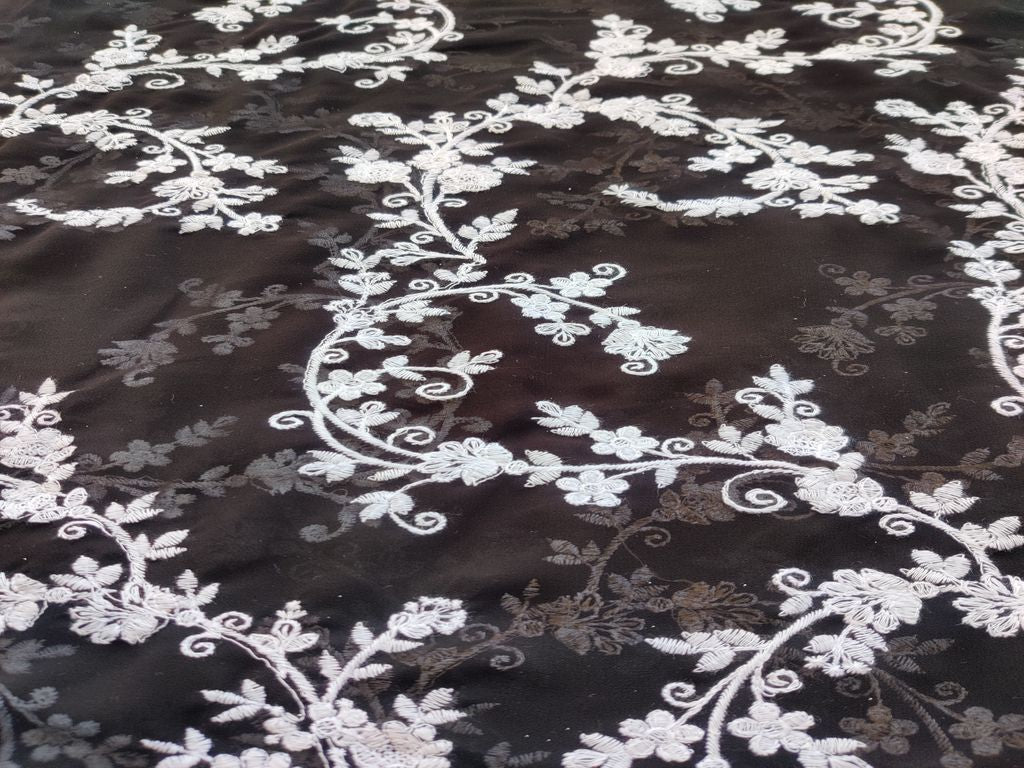 Black & White Floral Chikankari Embroidered Georgette Fabric (Wholesale)