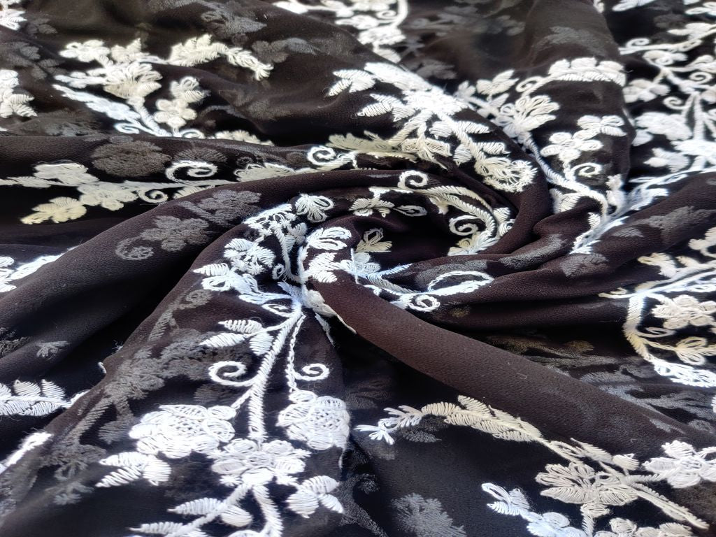 Black & White Floral Chikankari Embroidered Georgette Fabric (Wholesale)