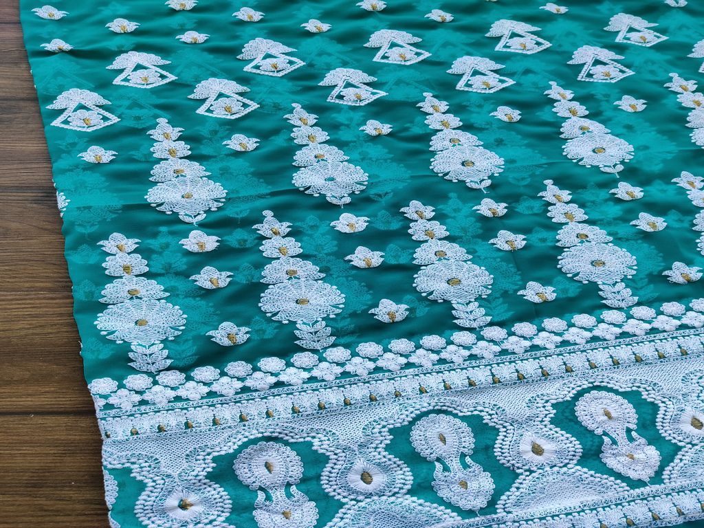 Turquoise Green & White Traditional Lakhnawi Georgette Fabric (Wholesale)