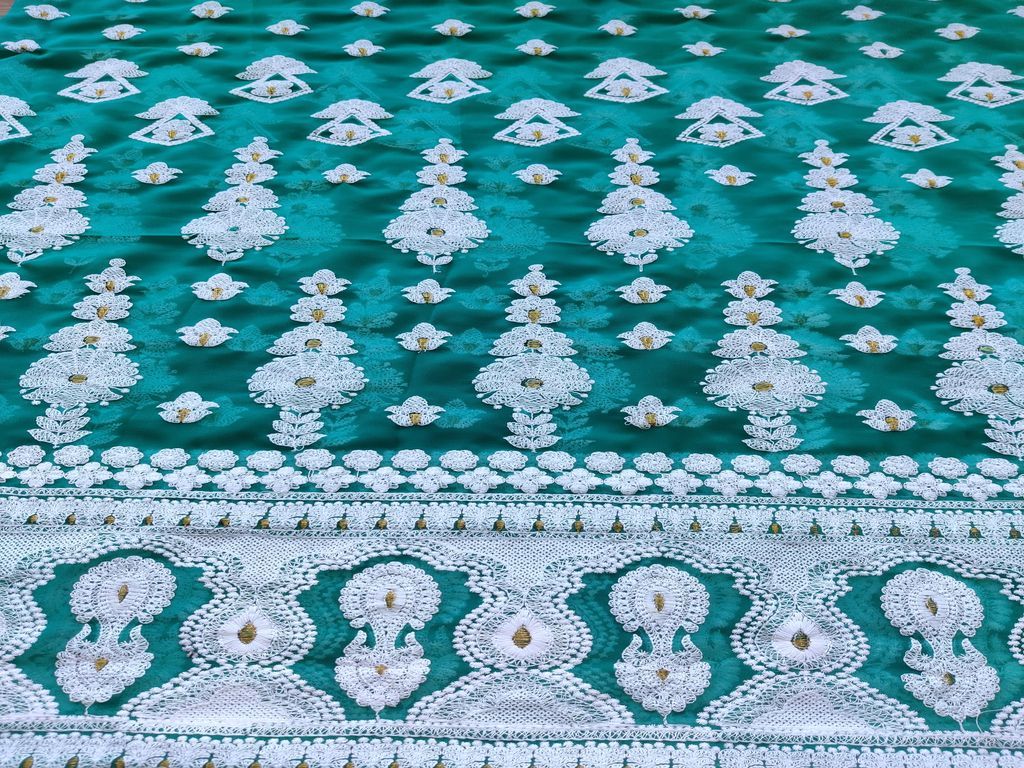 Turquoise Green & White Traditional Lakhnawi Georgette Fabric (Wholesale)