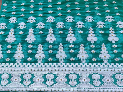 Turquoise Green & White Traditional Lakhnawi Georgette Fabric (Wholesale)