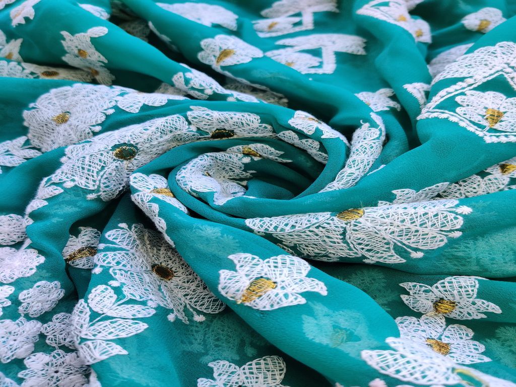 Turquoise Green & White Traditional Lakhnawi Georgette Fabric (Wholesale)