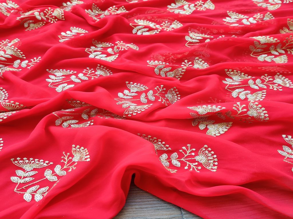 Red & Golden Floral Sequins & Zari Georgette Fabric (Wholesale)