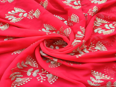 Red & Golden Floral Sequins & Zari Georgette Fabric (Wholesale)