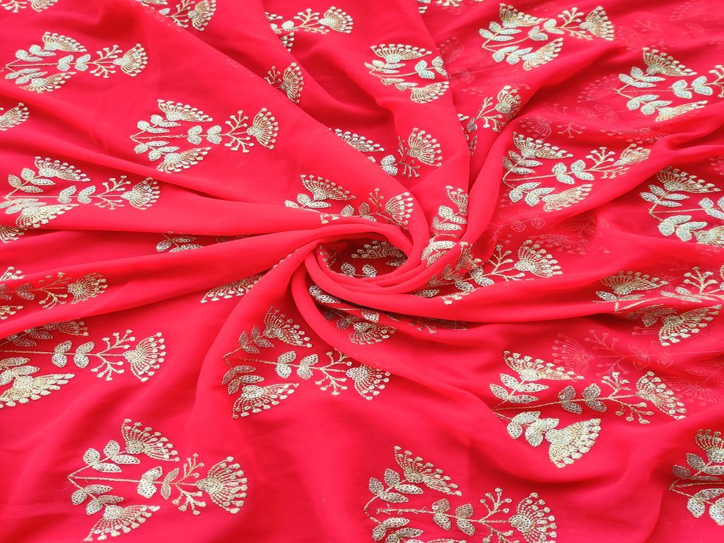 Red & Golden Floral Sequins & Zari Georgette Fabric (Wholesale)