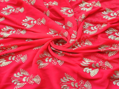 Red & Golden Floral Sequins & Zari Georgette Fabric (Wholesale)