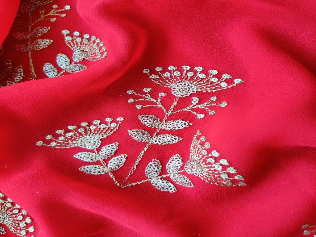 Red & Golden Floral Sequins & Zari Georgette Fabric (Wholesale)