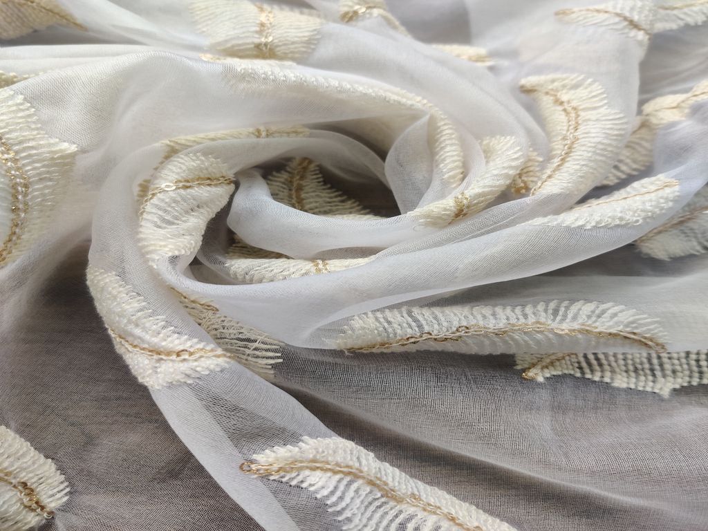 White Motifs Lakhnawi Embroidered Dyeable Organza Fabric (Wholesale)