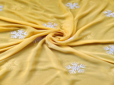 Yellow & White Floral Embroidered Georgette Fabric (Wholesale)