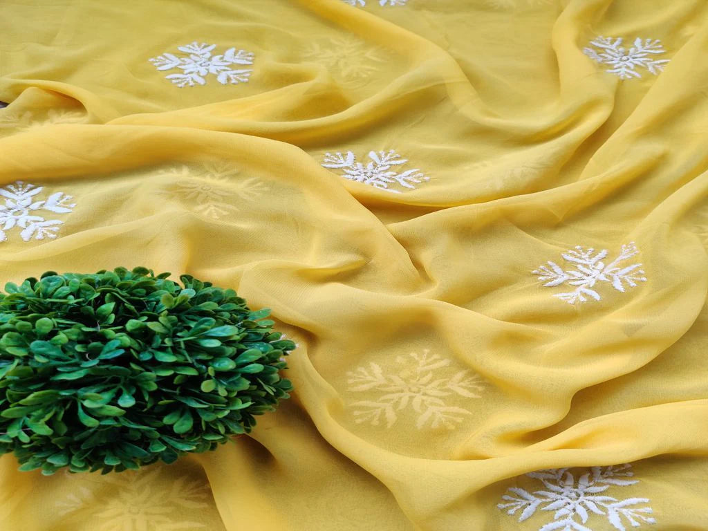 Yellow & White Floral Embroidered Georgette Fabric (Wholesale)