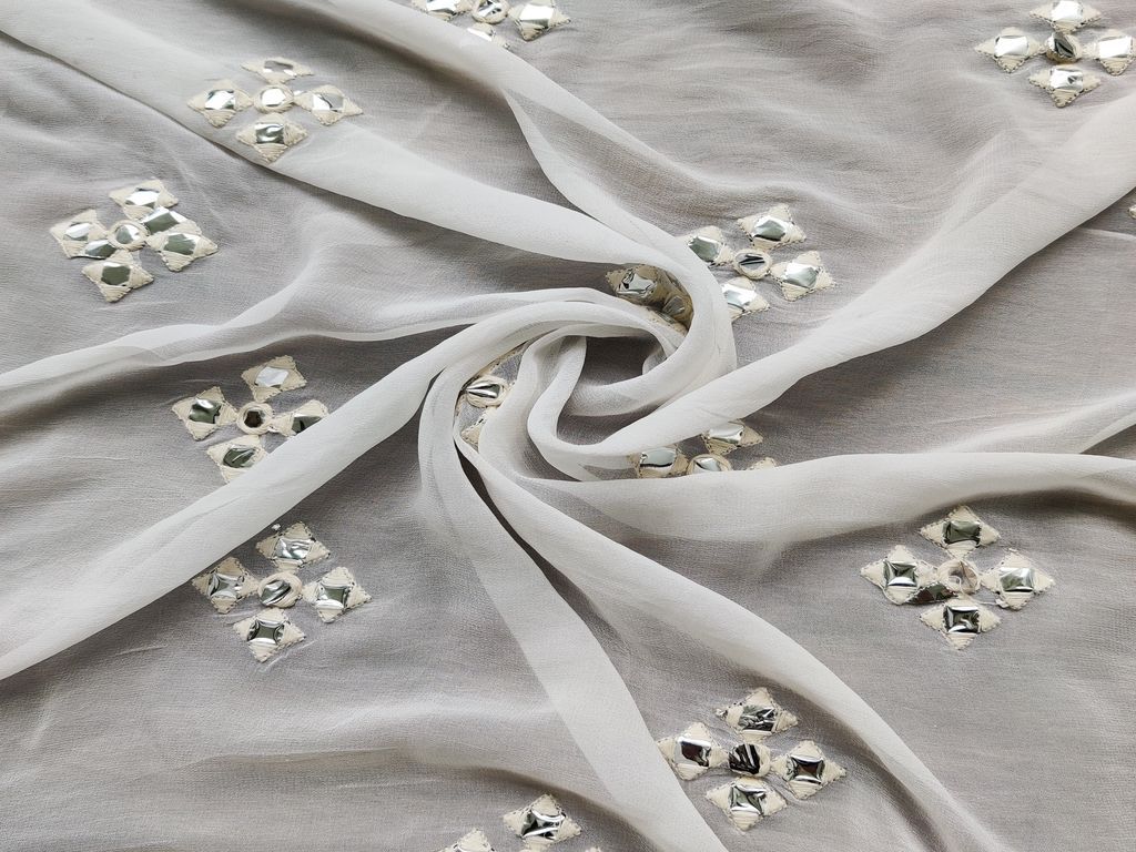 Off White Motifs Silver Mirror Work Embroidered Dyeable Pure Georgette Fabric (Wholesale)