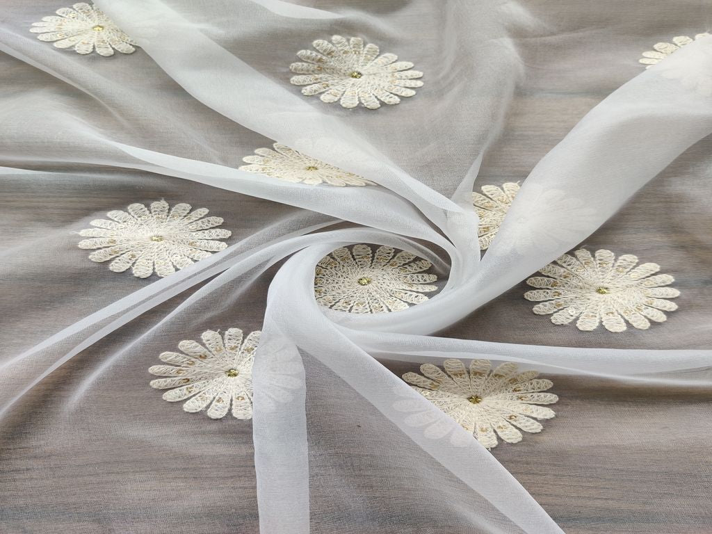 Off White Floral Embroidered Dyeable Organza Fabric (Wholesale)