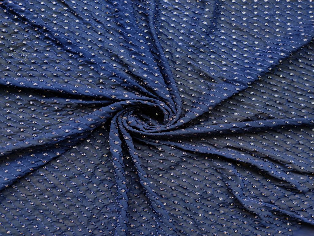 Navy Blue Stripes Thread & Sequins Georgette Fabric (Wholesale)