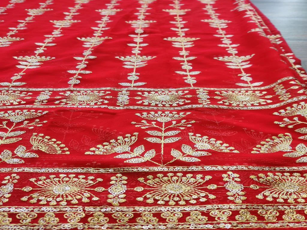 Red & Golden Floral Zari & Sequins Georgette Fabric (Wholesale)