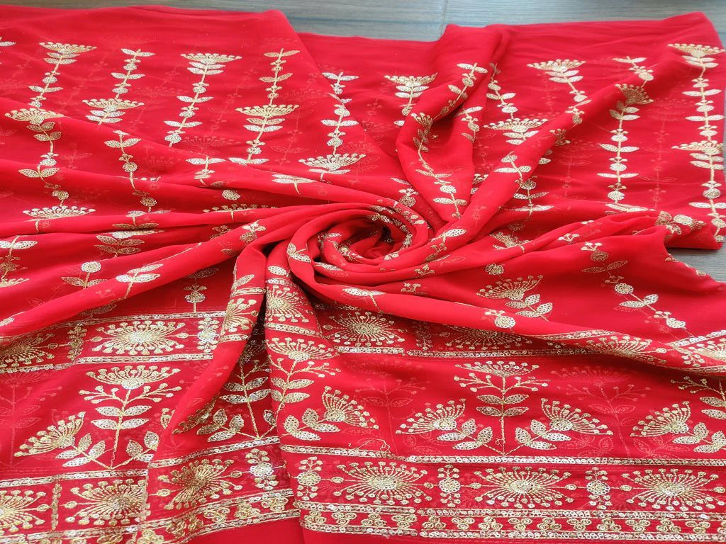 Red & Golden Floral Zari & Sequins Georgette Fabric (Wholesale)