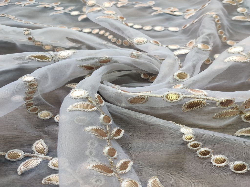 White & Golden Floral Gota Patti Embroidered Organza Fabric (Wholesale)