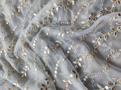 White & Golden Floral Gota Patti Embroidered Organza Fabric (Wholesale)