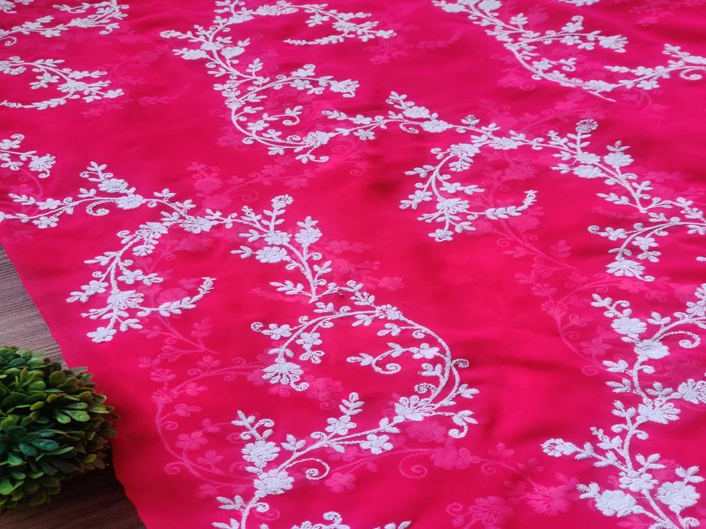 Rani Pink Traditional Embroidered Chikankari Georgette Fabric (Wholesale)