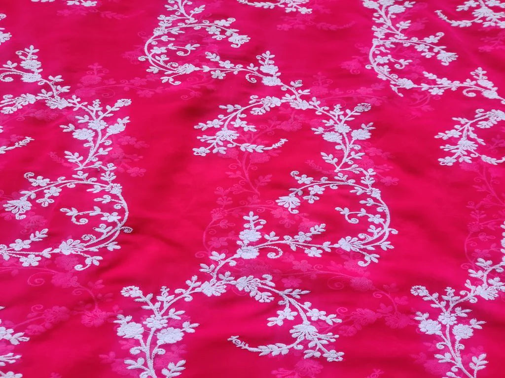 Rani Pink Traditional Embroidered Chikankari Georgette Fabric (Wholesale)