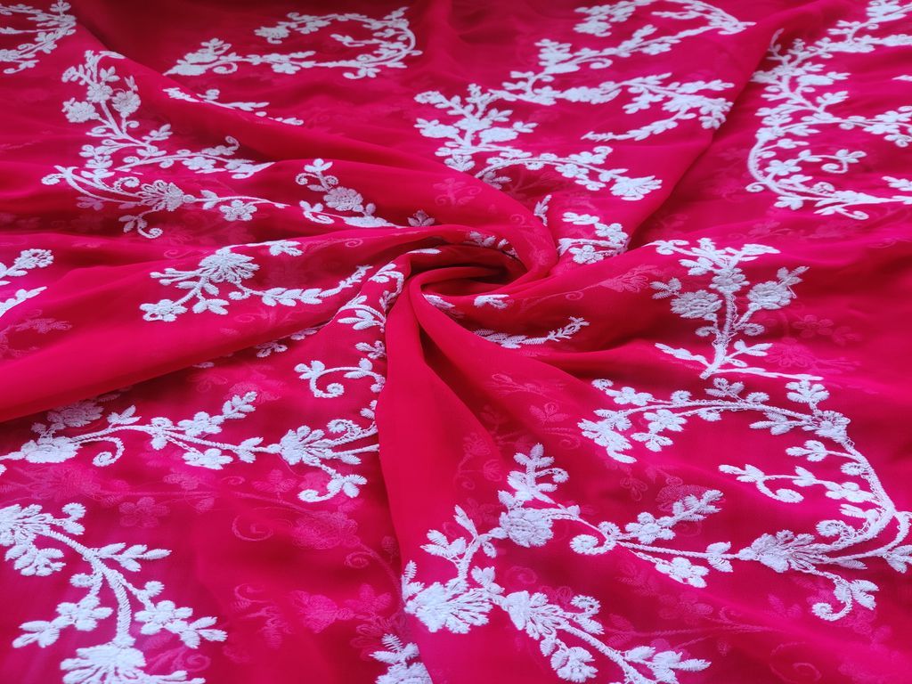 Rani Pink Traditional Embroidered Chikankari Georgette Fabric (Wholesale)