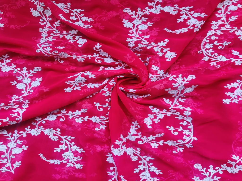 Rani Pink Traditional Embroidered Chikankari Georgette Fabric (Wholesale)