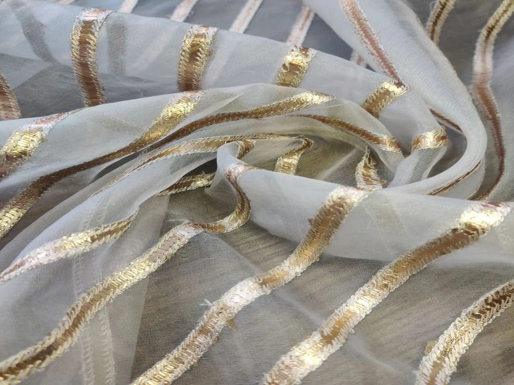 White & Gold Stripes Gota Patti Machine Embroidered Organza Fabric (Wholesale)