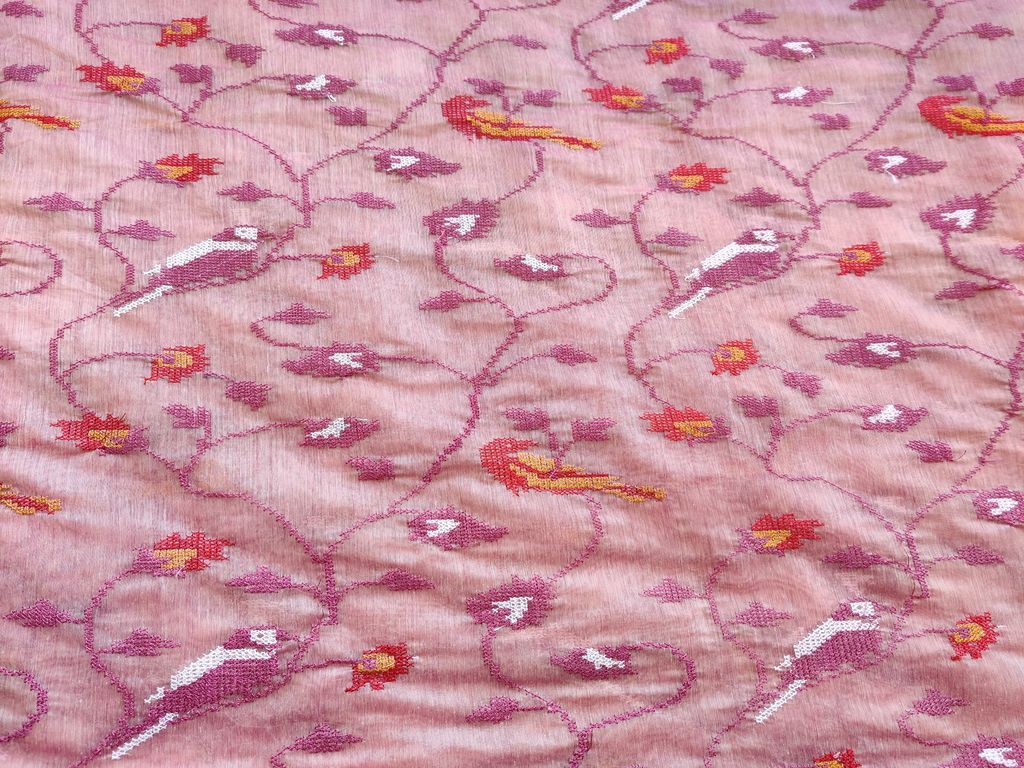 Onion Pink Floral Cross Stitch Chanderi Silk Fabric (Wholesale)