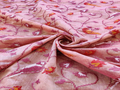 Onion Pink Floral Cross Stitch Chanderi Silk Fabric (Wholesale)