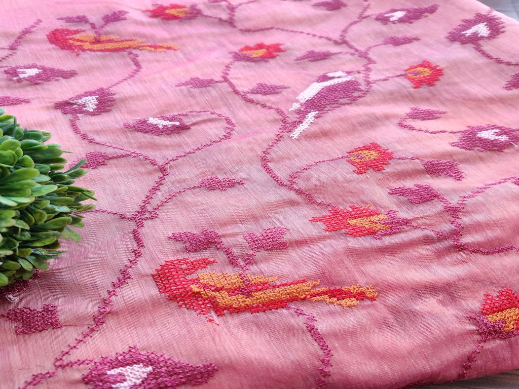 Onion Pink Floral Cross Stitch Chanderi Silk Fabric (Wholesale)