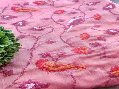 Onion Pink Floral Cross Stitch Chanderi Silk Fabric (Wholesale)