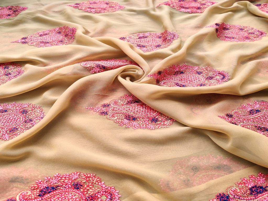 Olive Green & Pink Motifs Kashmiri Georgette Fabric (Wholesale)